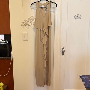 Barneys New York Beige Ruffle V-Neck Maxi Dress